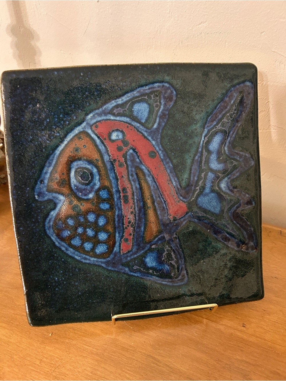 Decorative Glazed Ceramic Fish Tile - Blue, Orange, and Red Accent
